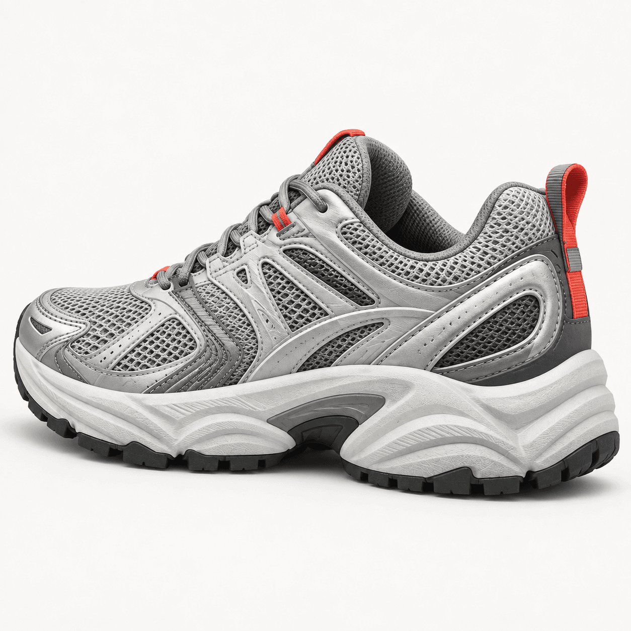 Close view of the silver and coral Pace 03 sneaker